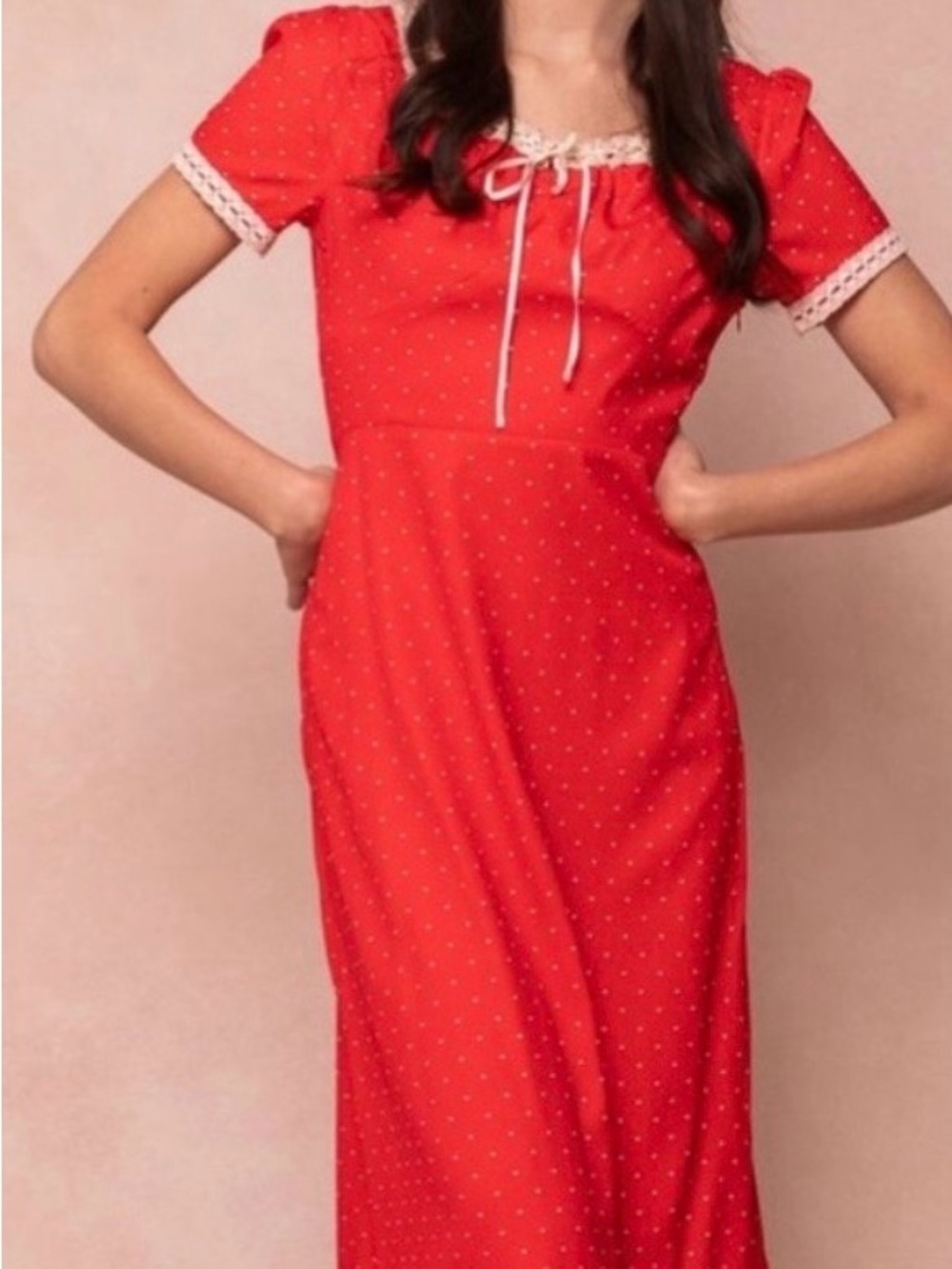 Ivy City Co Libby Heart Red Midi Dress with Lace Trim